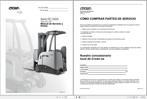 Crown Forklift RC5500 Series Service and Parts Manual ES 1