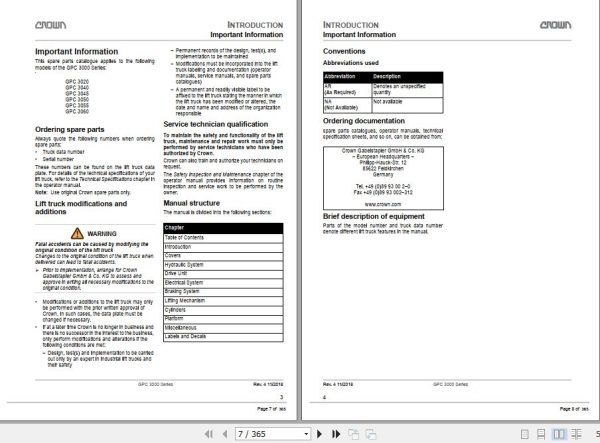 Crown Order Picker GPC3000 5A000001 5A416979 Parts Manual 1
