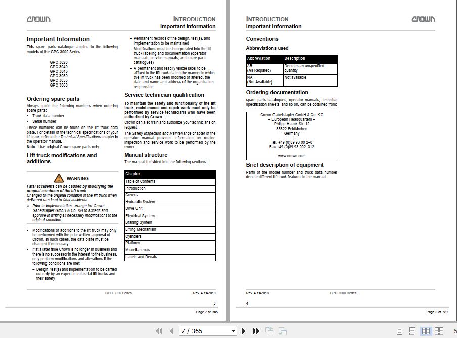 Crown Order Picker GPC3000 5A000001 5A416979 Parts Manual 1