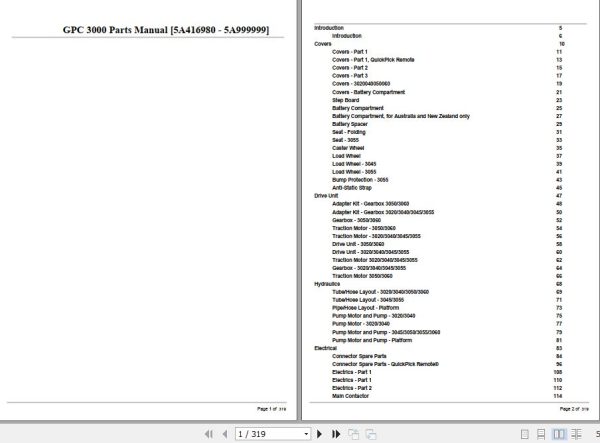 Crown Order Picker GPC3000 5A416980 5A999999 Parts Manual 1