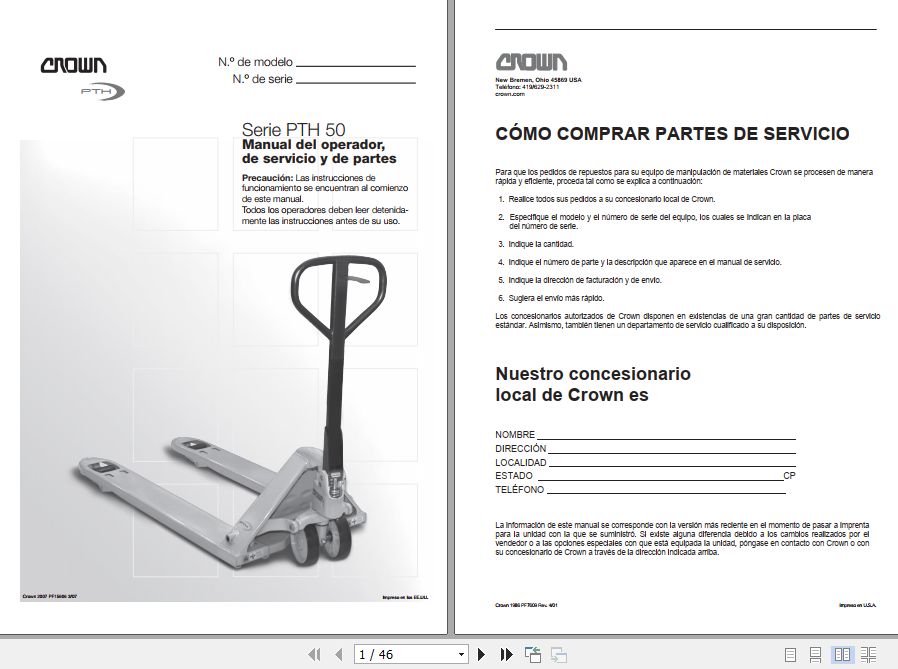 Crown Pallet PTH50 Series Service and Parts Manual ES 1