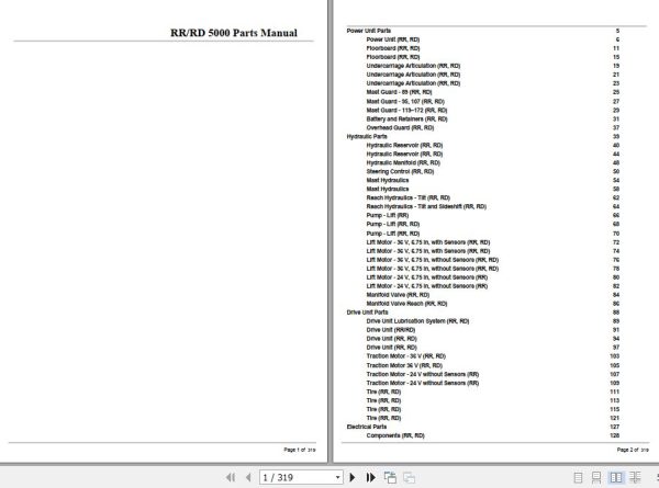 Crown Reach Truck RR5000 RD5000 Parts Manual 1