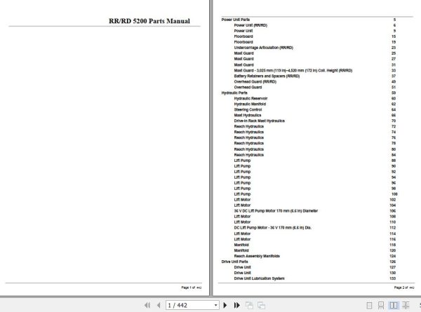Crown Reach Truck RR5200 RD5200 Parts Manual 1