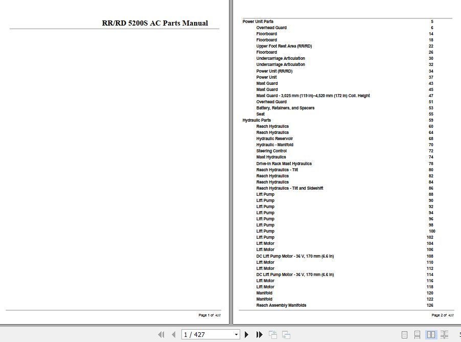 Crown Reach Truck RR5200S RD5200S AC Parts Manual 1