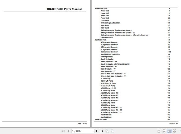 Crown Reach Truck RR5700 RD5700 Parts Manual 1