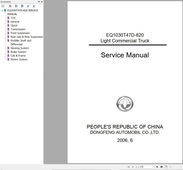Dongfeng Light Commercial Truck EQ1030T47D 820 Service Manual 1
