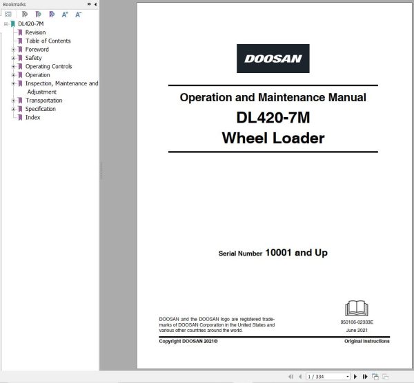 Doosan Wheel Excavator DL420 7M Operation and Maintenance Manual 950106 02333E 1