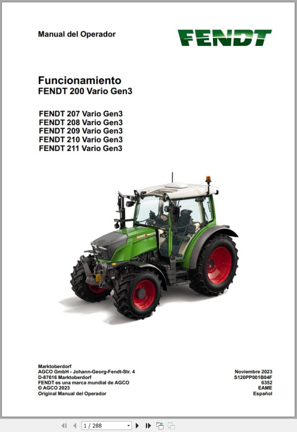 Fendt Tractor 200 Vario VFP Gen3 VIN 200 to 229 Service Manuals and Diagrams 1