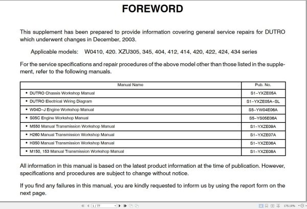 Hino Truck DUTRO Workshop Manual 2