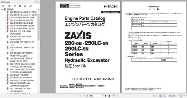 Hitachi Isuzu Engine 4HK1 XZSA01 Parts Catalog 4HK1 XZSA01 18 1