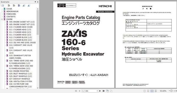 Hitachi Isuzu Engine 4JJ1 XASA01 Parts Catalog 4JJ1 XASA01 11 1