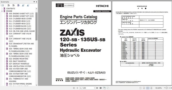 Hitachi Isuzu Engine 4JJ1 XZSA03 Parts Catalog 4JJ1 XZSA03 16 1
