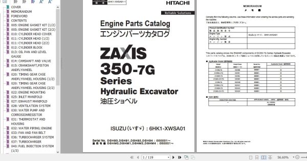 Hitachi Isuzu Engine 6HK1 XWSA01 Parts Catalog 6HK1 XWSA01 1 1
