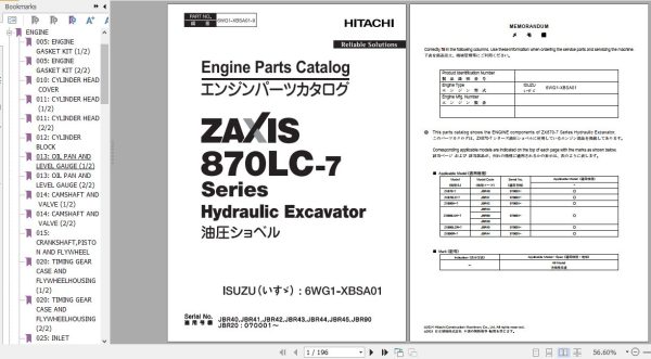 Hitachi Isuzu Engine 6WG1 XBSA01 Parts Catalog 6WG1 XBSAOI 9 1