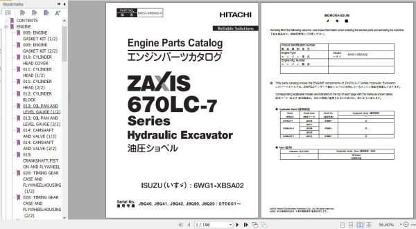 Hitachi Isuzu Engine 6WG1 XBSA02 Parts Catalog 6WG1 XBSA02 9 1