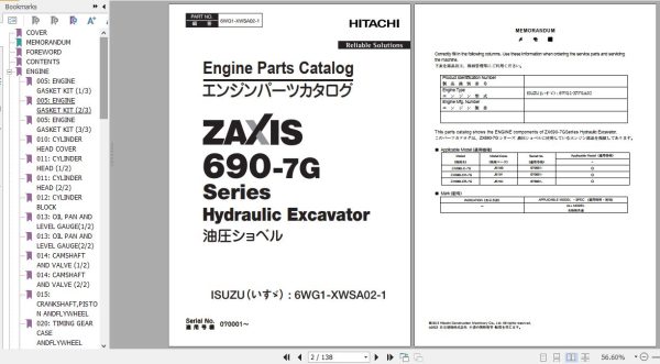 Hitachi Isuzu Engine 6WG1 XWSA02 1 Parts Catalog 6WG1 XWSA02 1 1