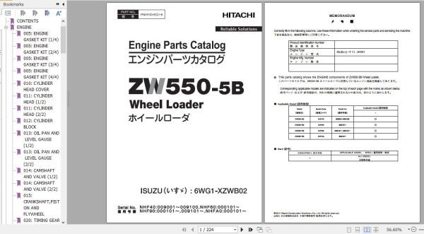 Hitachi Isuzu Engine 6WG1 XZWB02 Parts Catalog PNHF40 EG1 6 1