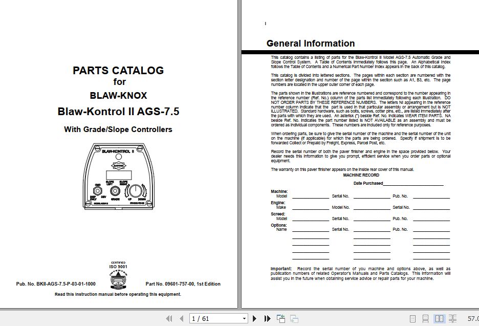 Ingersoll Rand Blaw Knox AGS 7.5 Operation Parts Manual 1