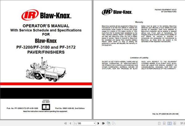 Ingersoll Rand Blaw Knox PF 3172 PF5510 Operators Parts Service Manual 1