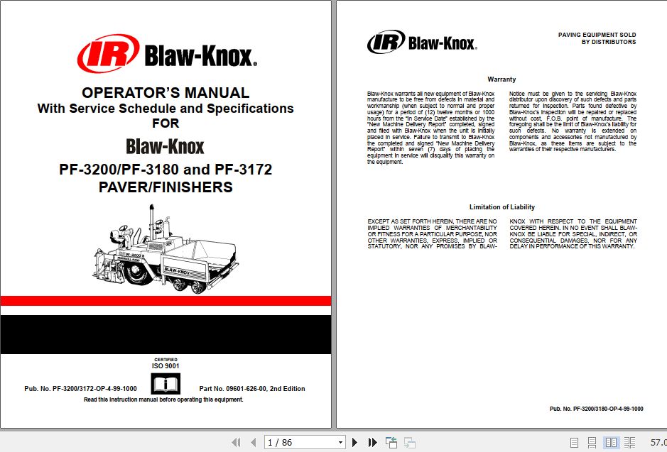 Ingersoll Rand Blaw Knox PF 3172 PF5510 Operators Parts Service Manual 1