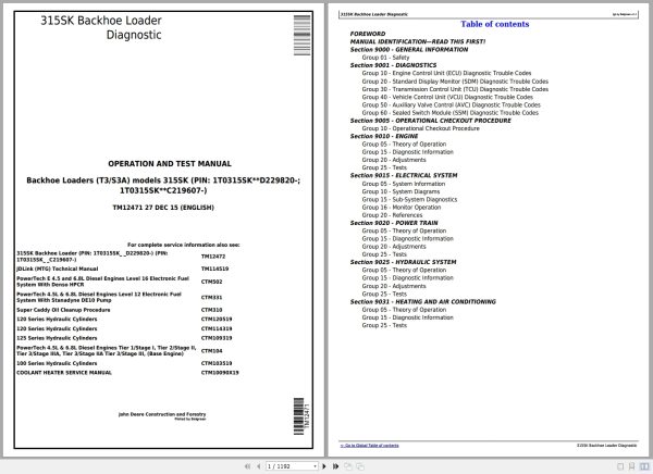 John Deere Backhoe Loader 315SK Diagnostic Operation And Test Manual TM12471 1