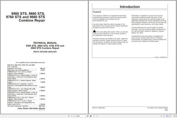John Deere Combine Harvester 9560 STS 9660 STS 9760 STS 9860 STS Technical Manual TM2181 1