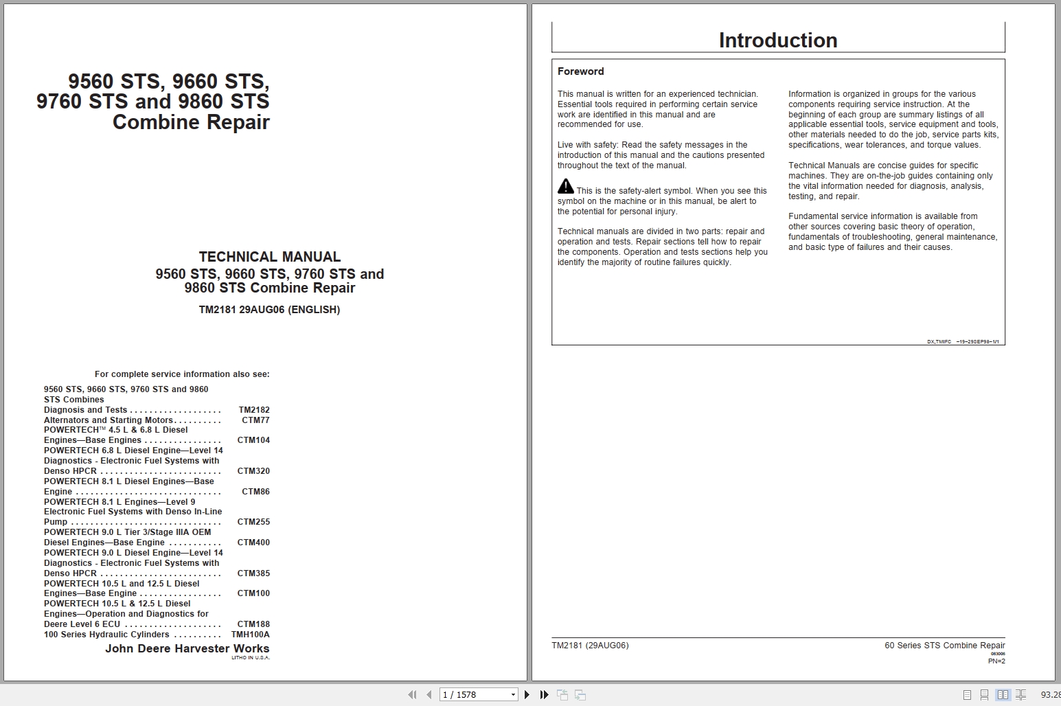 John Deere Combine Harvester 9560 STS 9660 STS 9760 STS 9860 STS Technical Manual TM2181 1