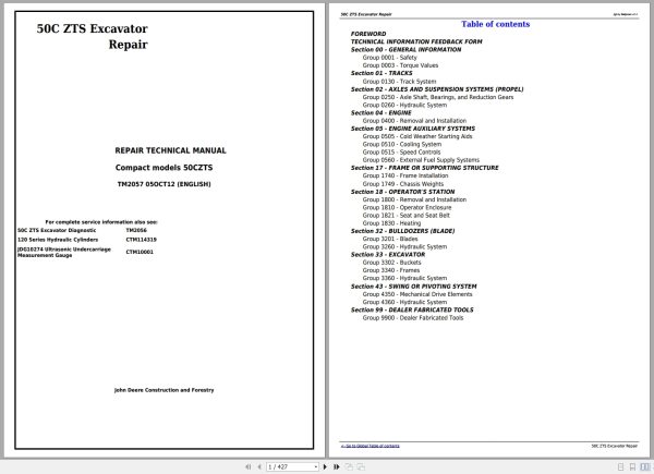 John Deere Excavator 50C ZTS Repair Technical Manual TM2057 1