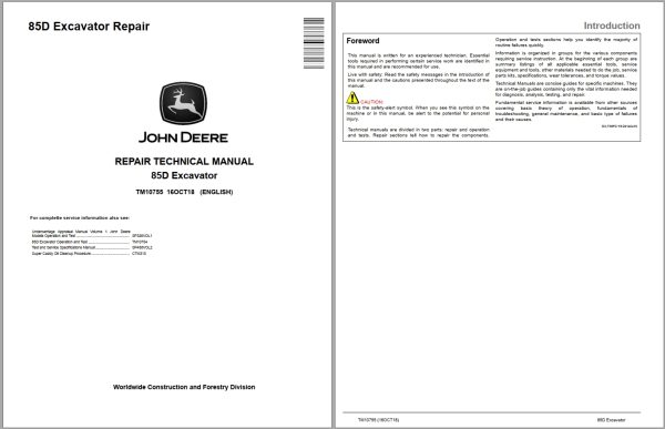 John Deere Excavator 85D Repair Technical Manual TM10755 1