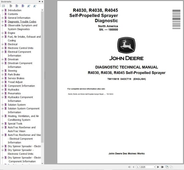 John Deere Self Propelled Sprayer R4030 R4038 R4045 Diagnostic Technical Manual TM115819 1