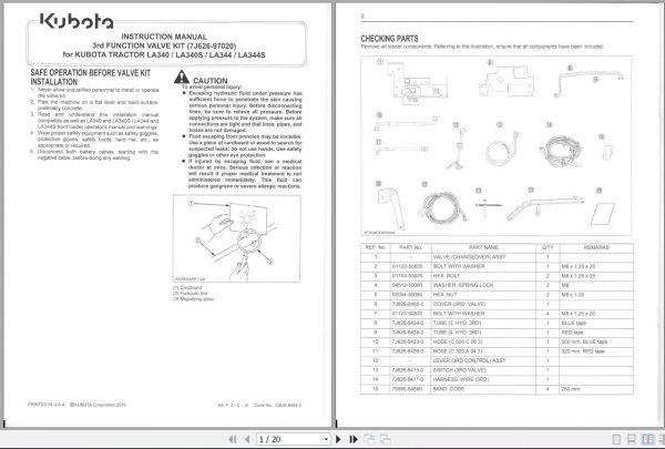 Kubota 3rd FUNCTION VALVE KIT Instruction Manual 7J626 8493 3 1