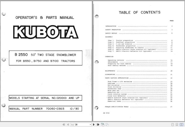 Kubota B2550 50 Two Stage Snowblower Operators and Parts Manual 70060 03613 1