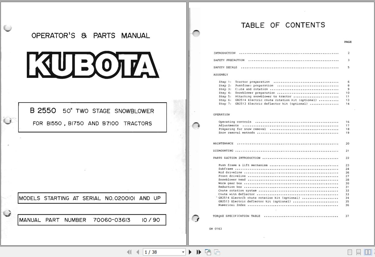 Kubota B2550 50 Two Stage Snowblower Operators and Parts Manual 70060 03613 1