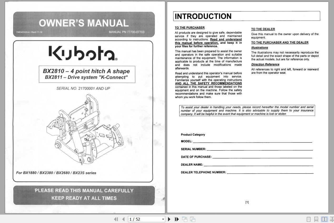 Kubota BX2810 4 point hitch A shape BX2811 Drive system K Connect Owners Manual 1