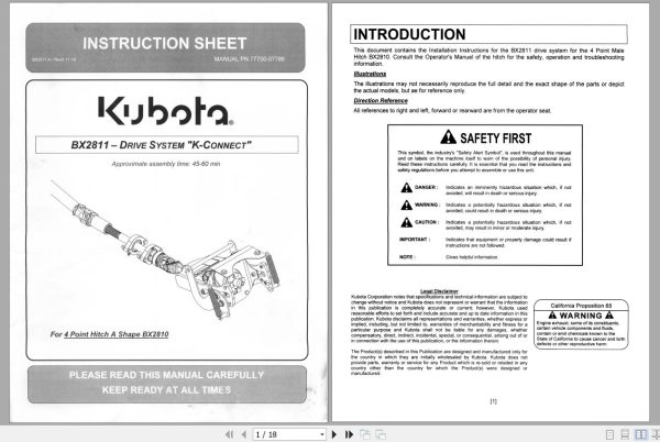 Kubota BX2811 DRIVE SYSTEM K CONNECT Instruction Sheet 77700 07786 1