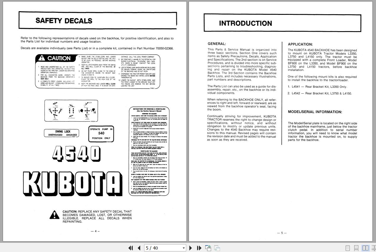 Kubota Backhoe B4540 Parts Operators Manual 1