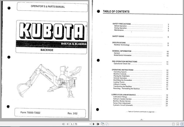 Kubota Backhoe B4672A BL4690A Parts Operators Manual 1