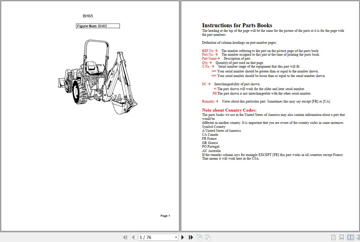 Kubota Backhoe BH65 Parts Manual 1
