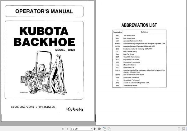 Kubota Backhoe BH70 Operators Manual 1