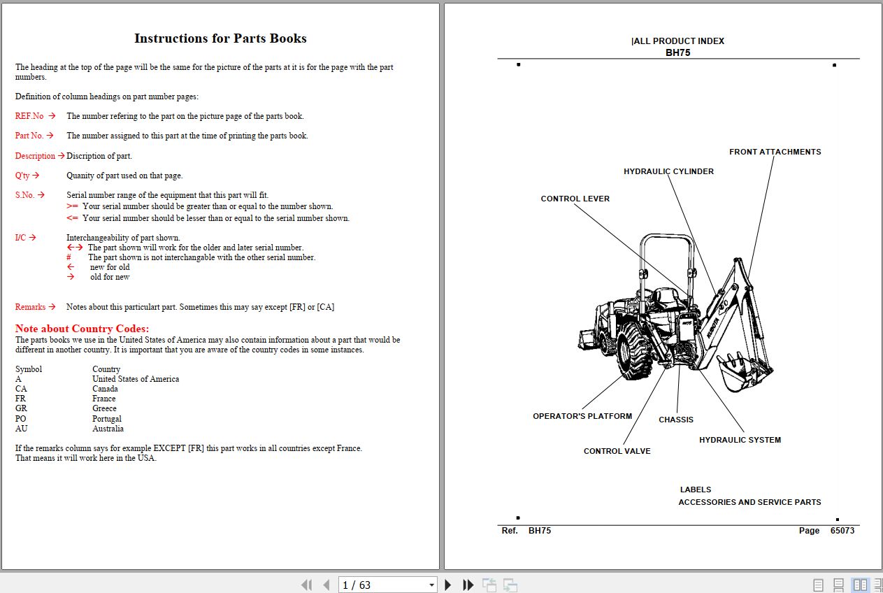 Kubota Backhoe BH75 Parts Manual 1
