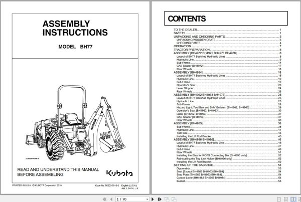 Kubota Backhoe BH77 Assembly Instruction 1