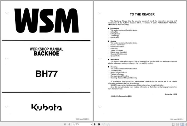 Kubota Backhoe BH77 Workshop Manual 9Y121 05440 1