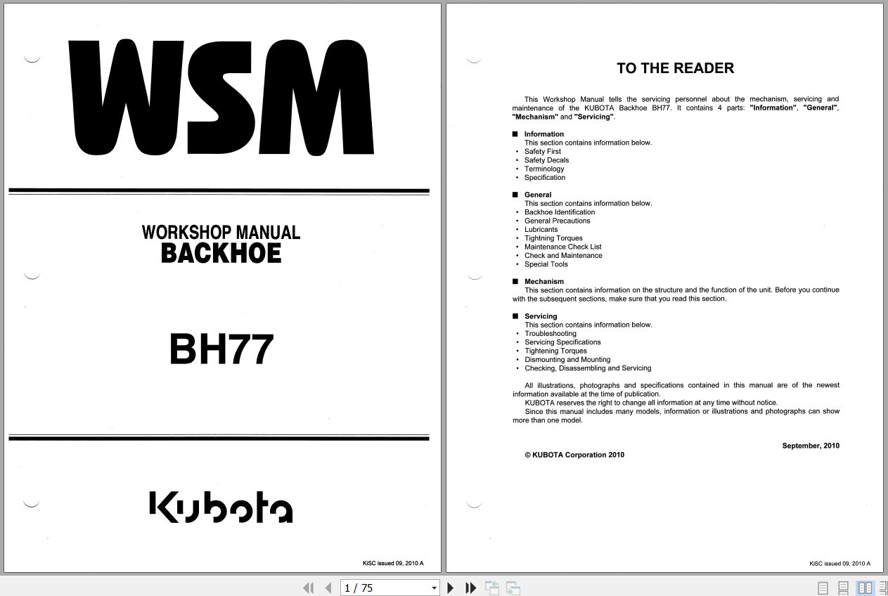 Kubota Backhoe BH77 Workshop Manual 9Y121 05440 1