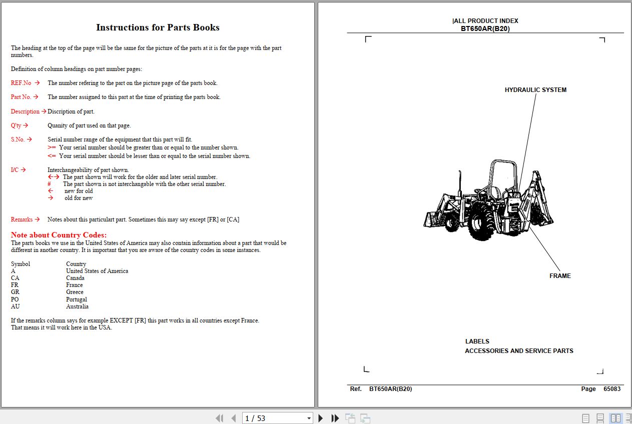 Kubota Backhoe BT650AR Parts Manual 1