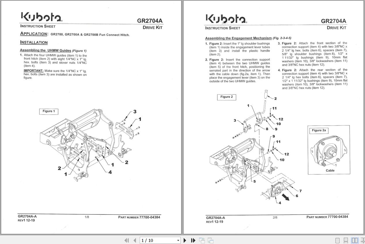 Kubota Drive Kit GR2704A Instruction Sheet 77700 04384 1
