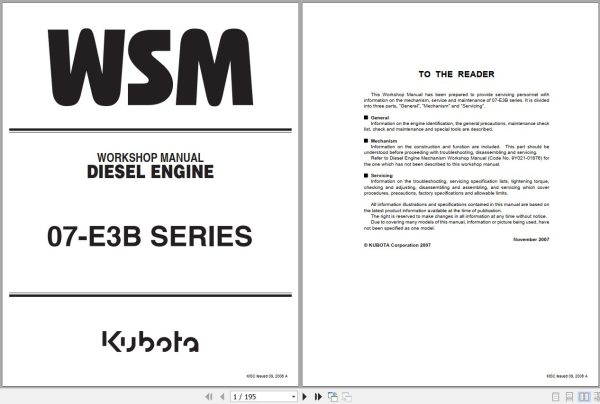 Kubota Engine 07 E3B SERIES Workshop Manual 9Y111 01032 1