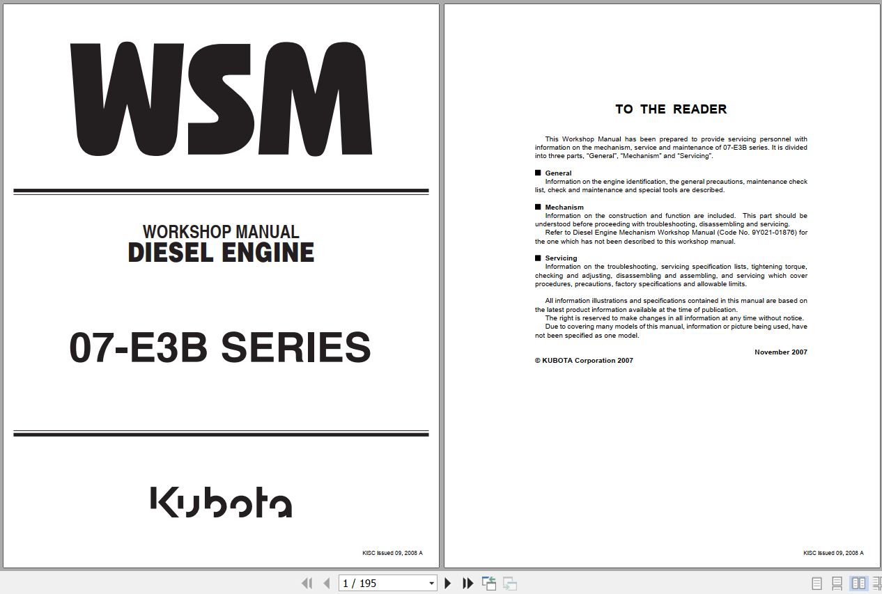 Kubota Engine 07 E3B SERIES Workshop Manual 9Y111 01032 1