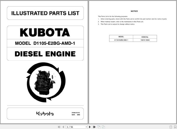 Kubota Engine D1105 E2BG AMD 1 Illustrated Parts List 97898 67470 1
