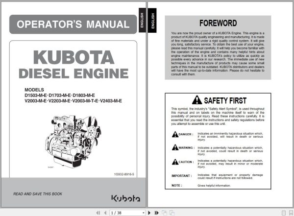 Kubota Engine D1503 M E to V2430 M E Operators Manual 1