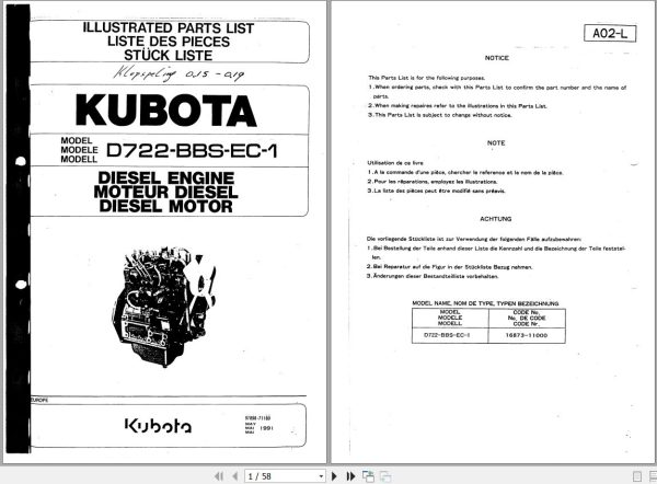 Kubota Engine D722 BBS EC 1 Illustrated Parts List 16873 11000 1